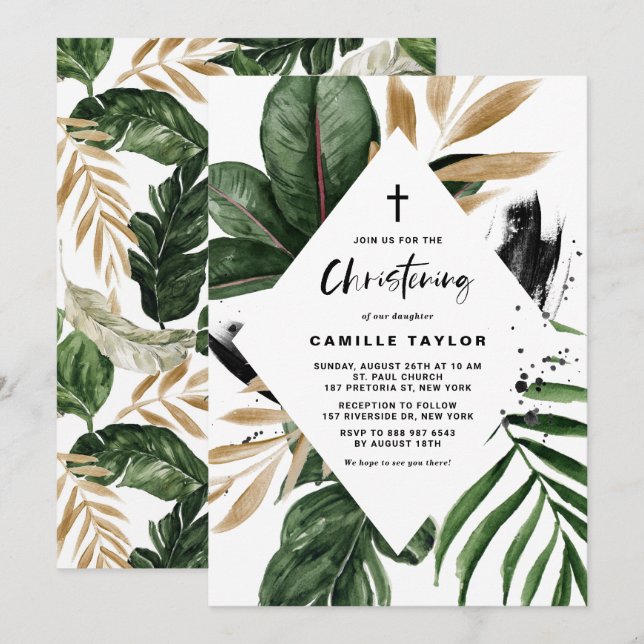 Tropische Blätter Imitate Gold Foil Rahmen Christe Einladung (Vorne/Hinten)