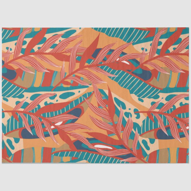 Tropische Blätter in Aquamarin, rot, orange Seidenpapier (Vorderseite)