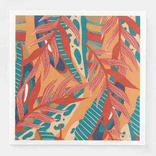 Tropische Blätter in Aquamarin, rot, orange Serviette