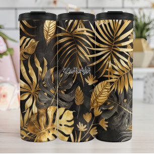 Tropische Blätter in Schwarz und Gold Thermosbecher