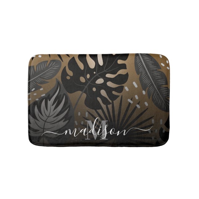 Tropische Blätter in Schwarz und Golden Badematte (Vorderseite)