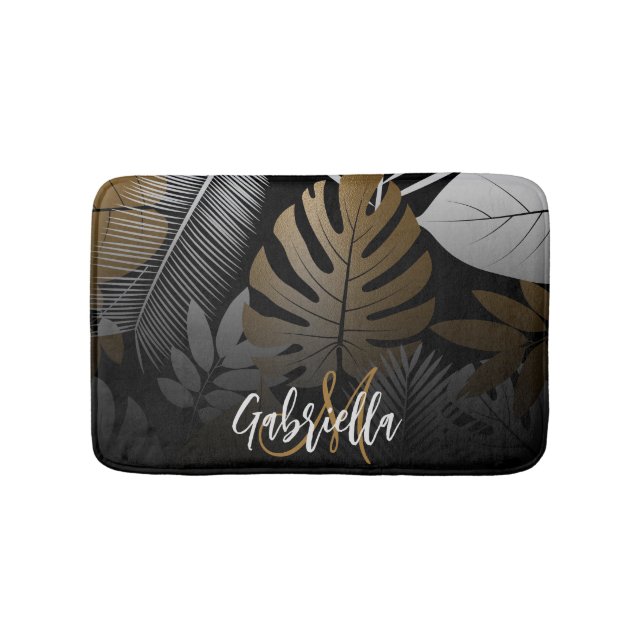 Tropische Blätter in Schwarz und Golden Badematte (Vorderseite)