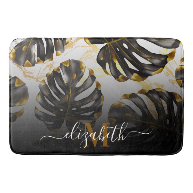 Tropische Blätter in Schwarz und Golden Badematte (Vorderseite)