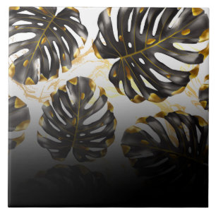 Tropische Blätter in Schwarz und Golden Fliese