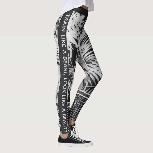 Tropische Blätter in Schwarz/Weiß Glitzer & Anführ Leggings (Rechts)