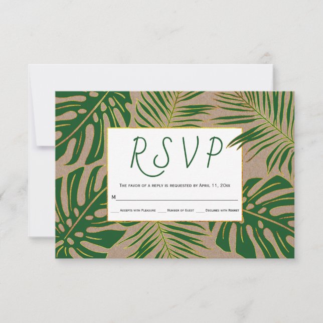 Tropische Blätter Kraftsackpapier rustikale Hochze RSVP Karte (Vorderseite)