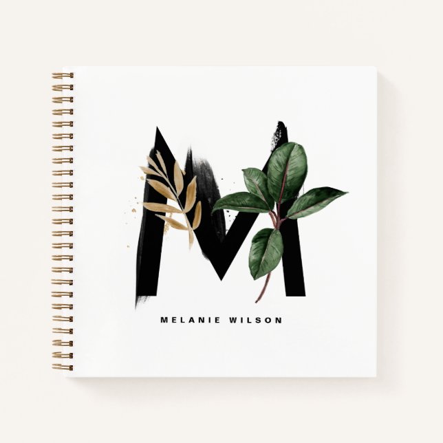 Tropische Blätter Letter M Monogram Personalisiert Notizbuch (Vorderseite)