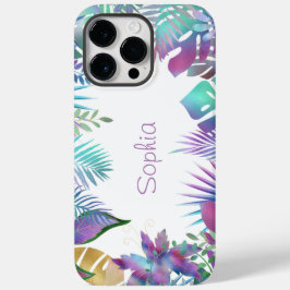 Tropische Blätter, Lila Name, weiß Case-Mate iPhone 14 Pro Max Hülle