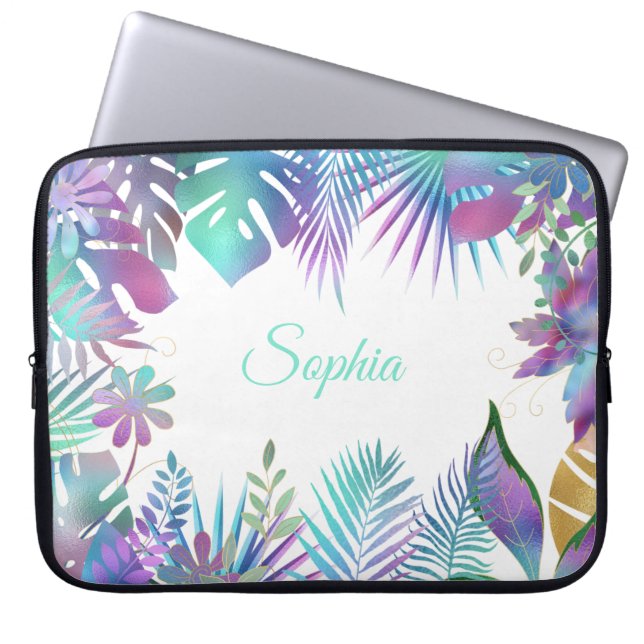 Tropische Blätter, Lila Name, weiß Laptopschutzhülle (Vorderseite)