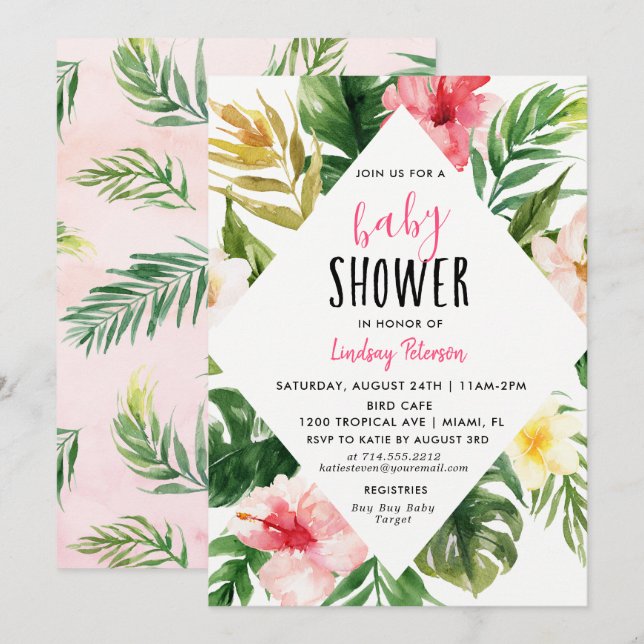 Tropische Blätter Luau Baby Shower Einladungskarte (Vorne/Hinten)