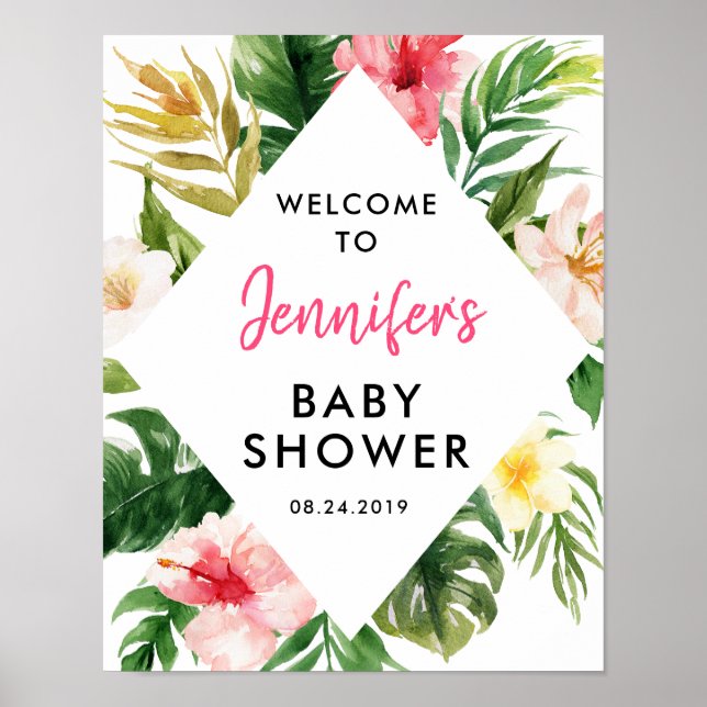 Tropische Blätter Luau Babydusche Willkommenspende Poster (Vorne)