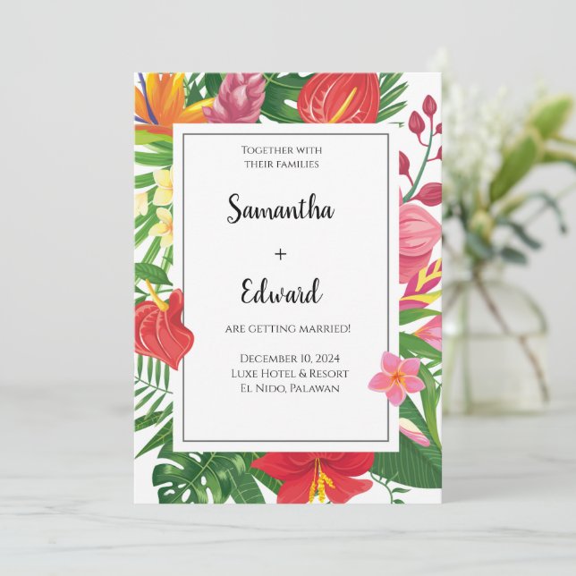 Tropische Blätter Luau Erlangung einer Hochzeit Einladung (Stehend Vorderseite)