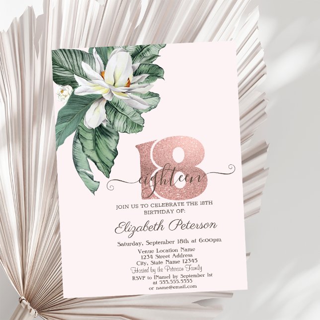 Tropische Blätter Magnolia Rosa 18. Geburtstag Einladung (Von Creator hochgeladen)