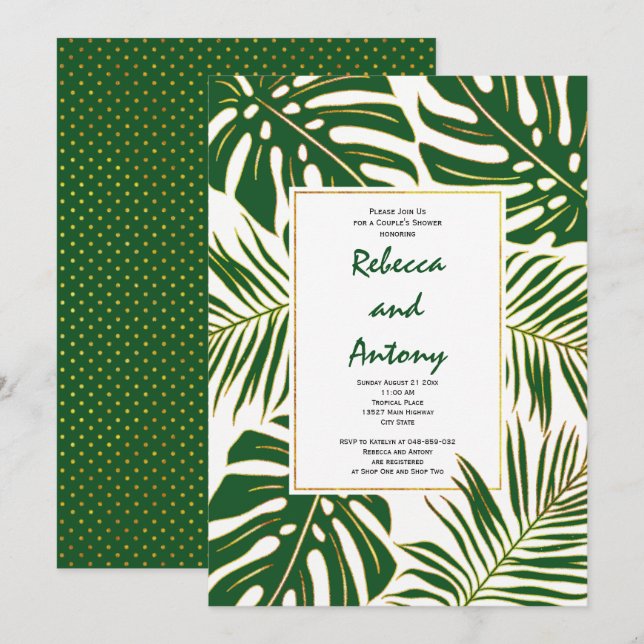 Tropische Blätter Moderne Hochzeitspaare duschen Einladung (Vorne/Hinten)