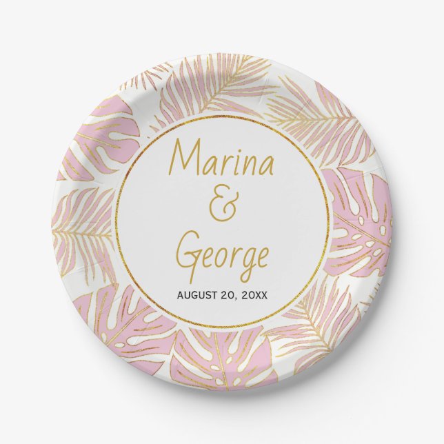 Tropische Blätter Moderne Rosa, Goldhochzeit Pappteller (Vorderseite)