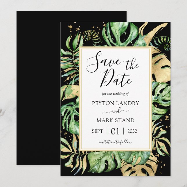 Tropische Blätter Moderne Schwarz-Gold-Rahmen Save The Date (Vorne/Hinten)