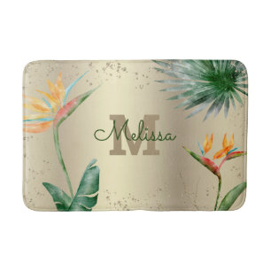 Tropische Blätter Monogram Script Gold Foil Badematte
