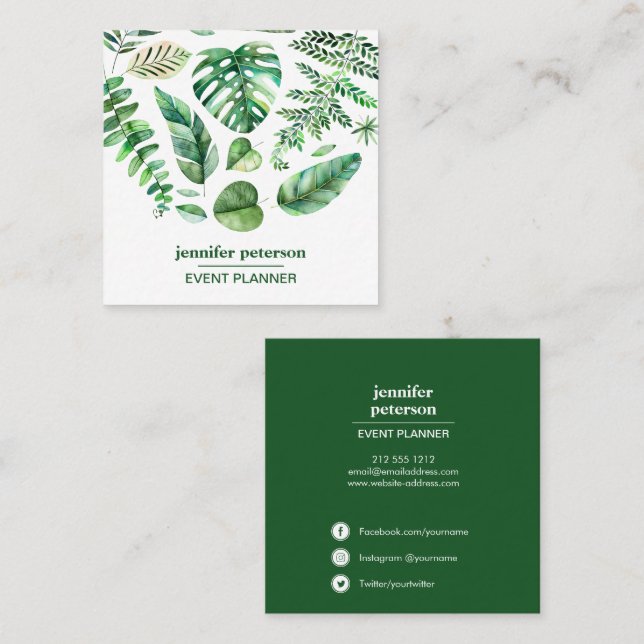 Tropische Blätter Monstera Social Media Icons Quadratische Visitenkarte (Vorne/Hinten)