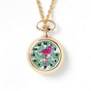 Tropische Blätter Muster und rosa Flamingo Armbanduhr