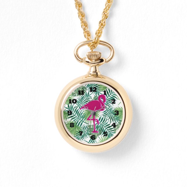 Tropische Blätter Muster und rosa Flamingo Armbanduhr (Vorderseite)