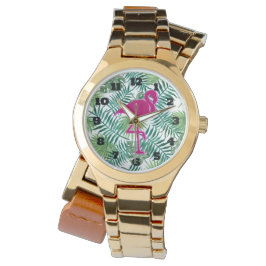 Tropische Blätter Muster und rosa Flamingo Armbanduhr