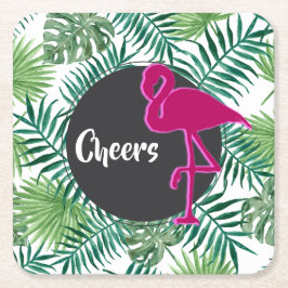 Tropische Blätter Muster und rosa Flamingo Cheers Rechteckiger Pappuntersetzer