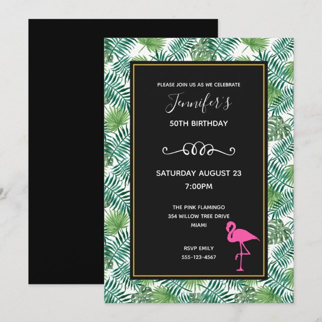 Tropische Blätter Muster und rosa Flamingo Geburts Einladung (Vorne/Hinten)