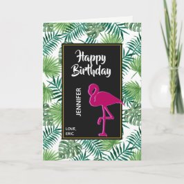 Tropische Blätter Muster und rosa Flamingo Geburts Karte