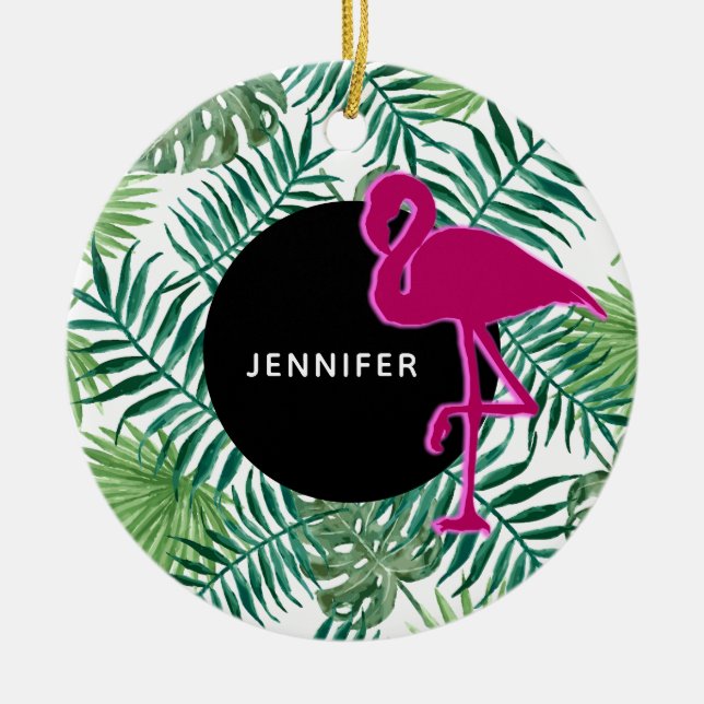 Tropische Blätter Muster und rosa Flamingo Keramik Ornament (Vorne)