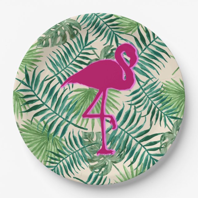Tropische Blätter Muster und rosa Flamingo Pappteller (Vorderseite)