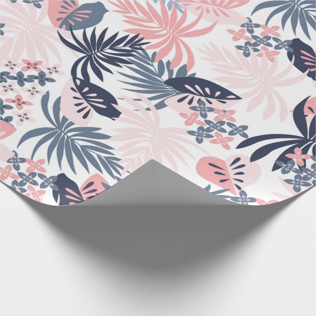 Tropische Blätter Navy rot rosa staubig blau Geschenkpapier (Ecke)