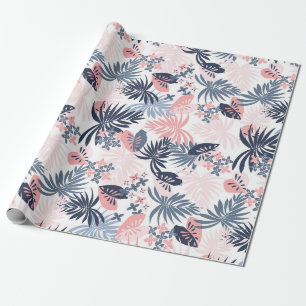 Tropische Blätter Navy rot rosa staubige blaue Wra Geschenkpapier