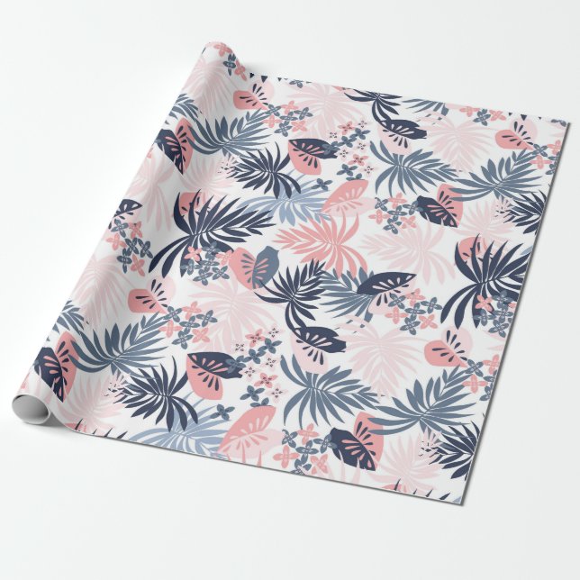 Tropische Blätter Navy rot rosa staubige blaue Wra Geschenkpapier (Ungerollt)