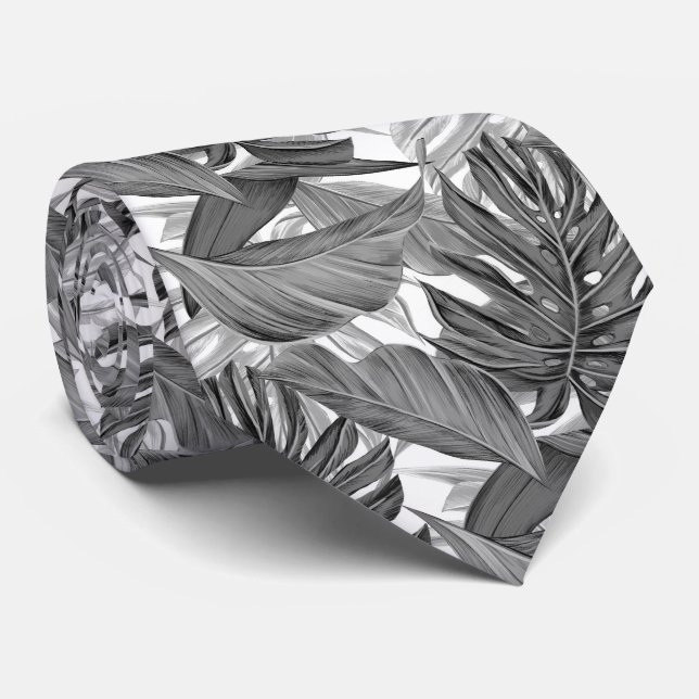 Tropische Blätter Neck Tie - Schwarz-weißes Design Krawatte (Gerollt)