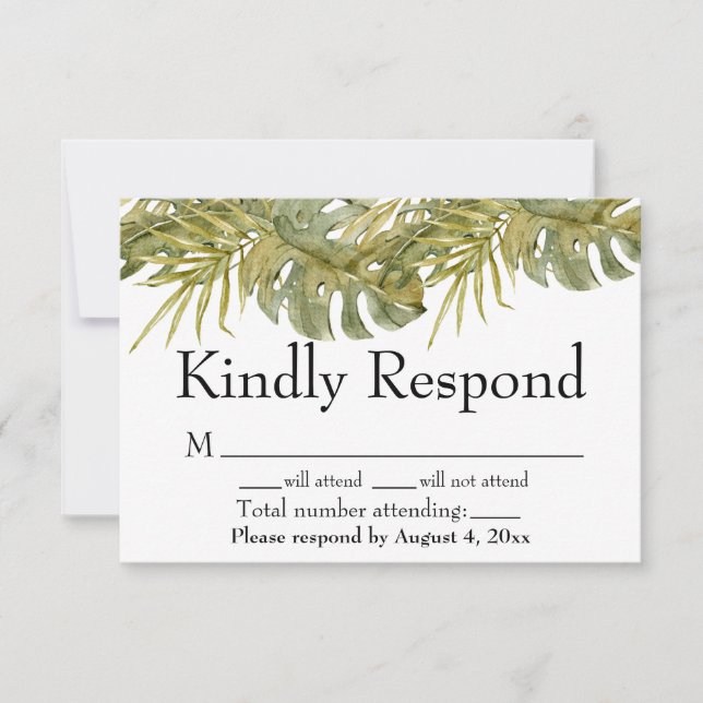Tropische Blätter Palm Wedding RSVP Card Dankeskarte (Vorderseite)