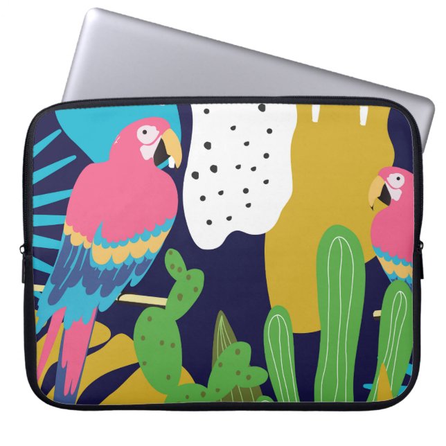 Tropische Blätter, Papageien: Sommerlicher Hinterg Laptopschutzhülle (Vorderseite)