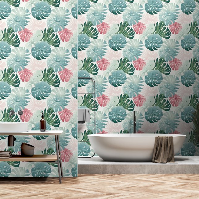 Tropische Blätter Pastel Türkis Pink Green Tapete (Badezimmer)