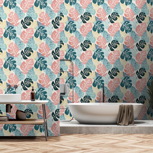 Tropische Blätter Pastel Türkis Pink Yellow Tapete (Badezimmer)