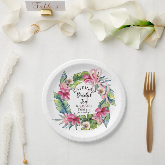 Tropische Blätter | Pink Floral Bridal Teedusche Pappteller (Hochzeit)