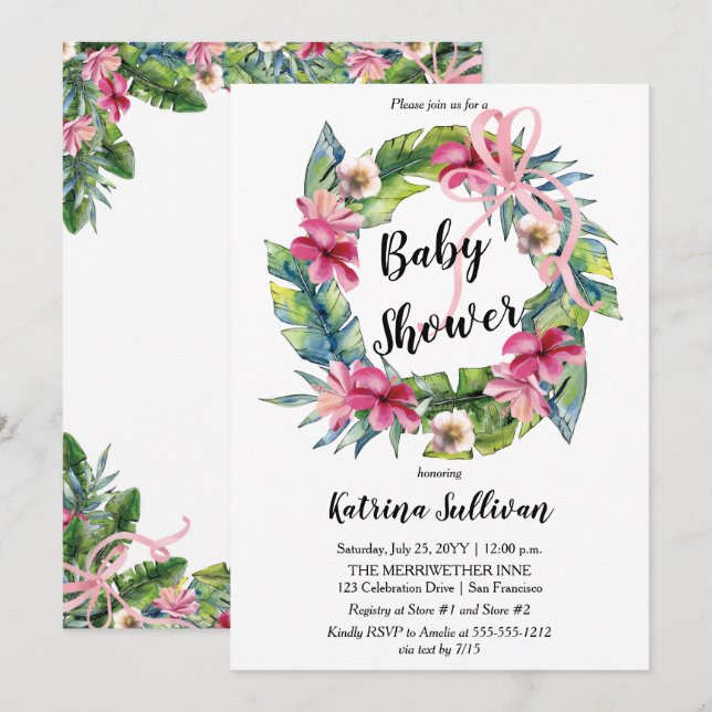 Tropische Blätter | Pink Floral Girl Babydusche Einladung (Vorne/Hinten)