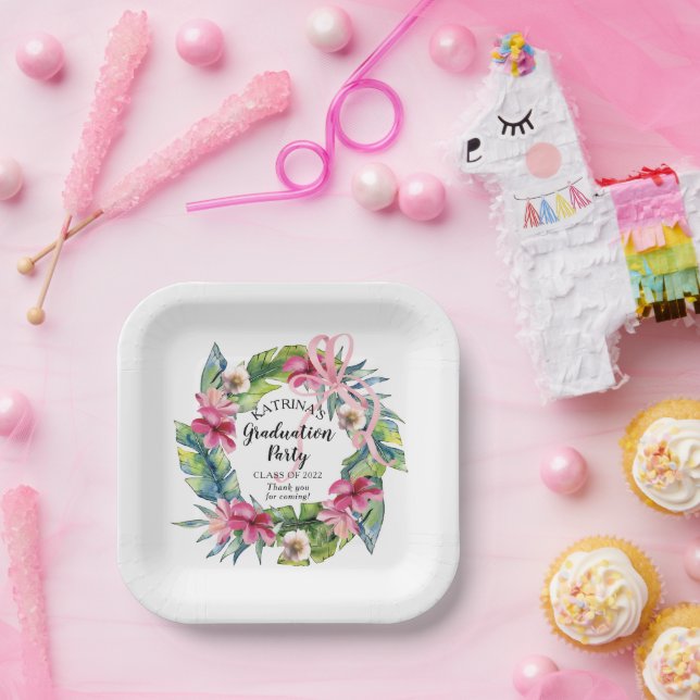 Tropische Blätter | Pink Floral Graduation Party Pappteller (Party)