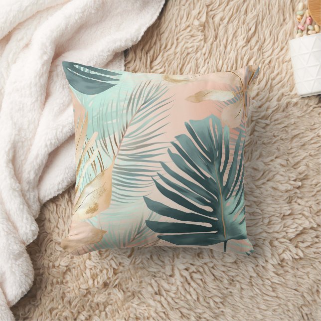 Tropische Blätter Pink Mint Green Gold Moderne Kissen (Decke)