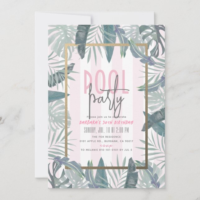 Tropische Blätter Pool Party Rosa Erwachsene Gebur Einladung (Vorderseite)