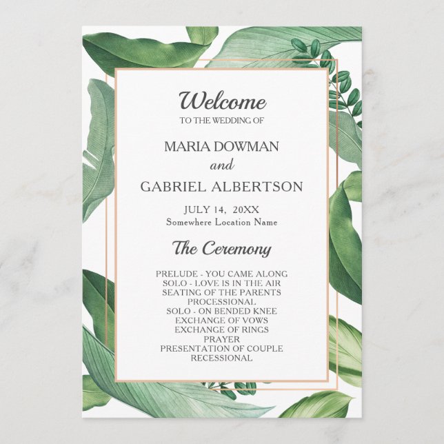 Tropische Blätter rahmen. Botanische Hochzeit Programm (Vorderseite)