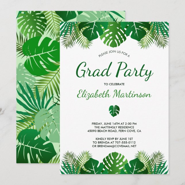 Tropische Blätter Rainforest Modern Graduation Par Einladung (Vorne/Hinten)