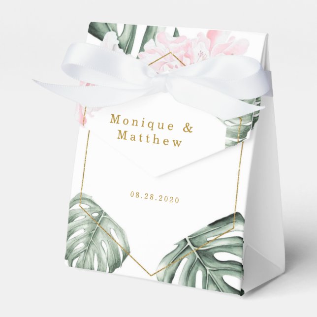 Tropische Blätter Rosa Blau Goldene Hochzeit Geschenkschachtel (Vorderseite)