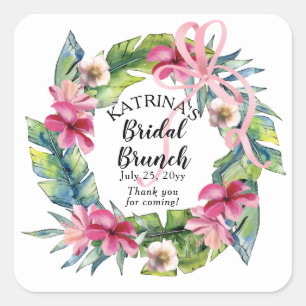 Tropische Blätter   Rosa Florale Hochzeitsbrunch Quadratischer Aufkleber