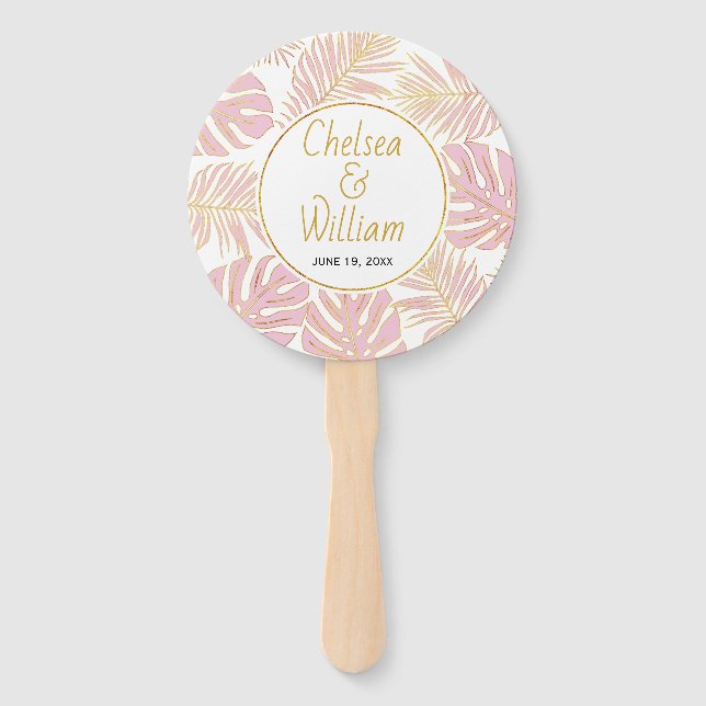 Tropische Blätter, rosa, goldfarbener, runder Fan  Fächer (Vorderseite)