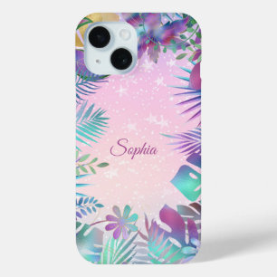 Tropische Blätter, Rosa Himmelsweiße Sterne, Skrip Case-Mate iPhone Hülle