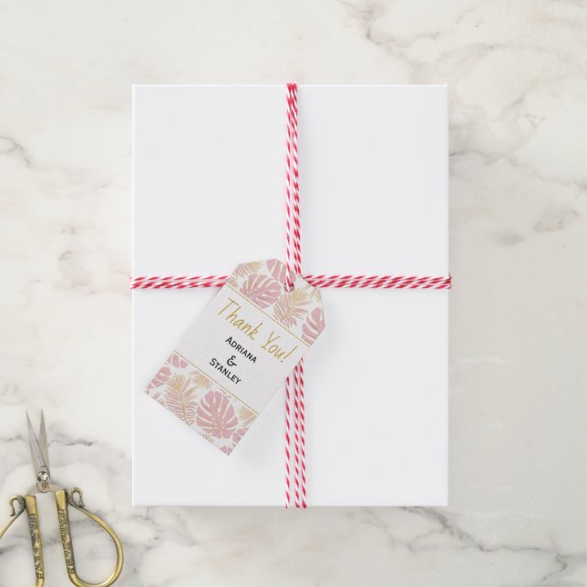 Tropische Blätter Rosa und Gold Hochzeit Vielen Da Geschenkanhänger (Mit Garn)